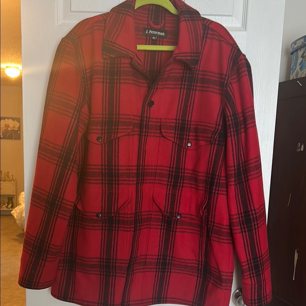 J. Peterman Red and Black Plaid Shirt Jacket